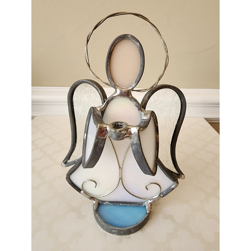 Vintage Stained Glass Angel Figurine Statue Christmas Decor Iridescent